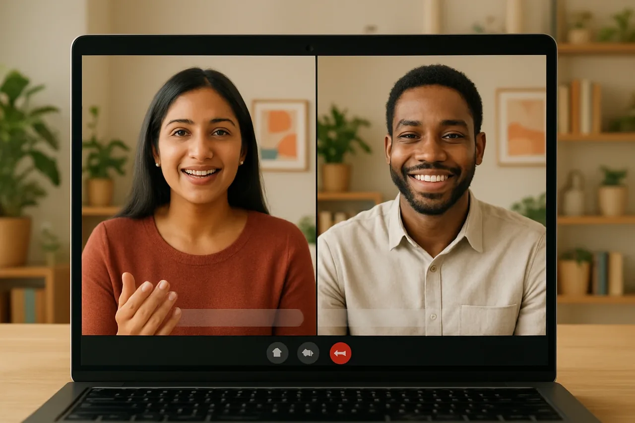 Video call with people in warm home offices and a blank caption bar, illustrating: अंतरराष्ट्रीय बिक्री बैठक का लाइव अनुवाद