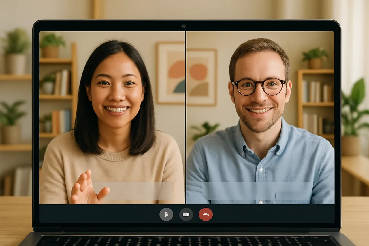 Video call with people in warm home offices and a blank caption bar, illustrating: Dịch cuộc gọi kinh doanh: các tiêu chí để chọn giải pháp phù hợp