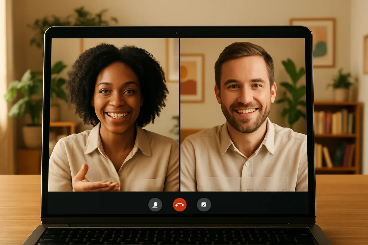 Video call with people in warm home offices and a blank caption bar, illustrating: Dịch giọng nói cuộc họp với khách hàng quốc tế: cách đánh giá cho buổi trao đổi phạm vi công việc