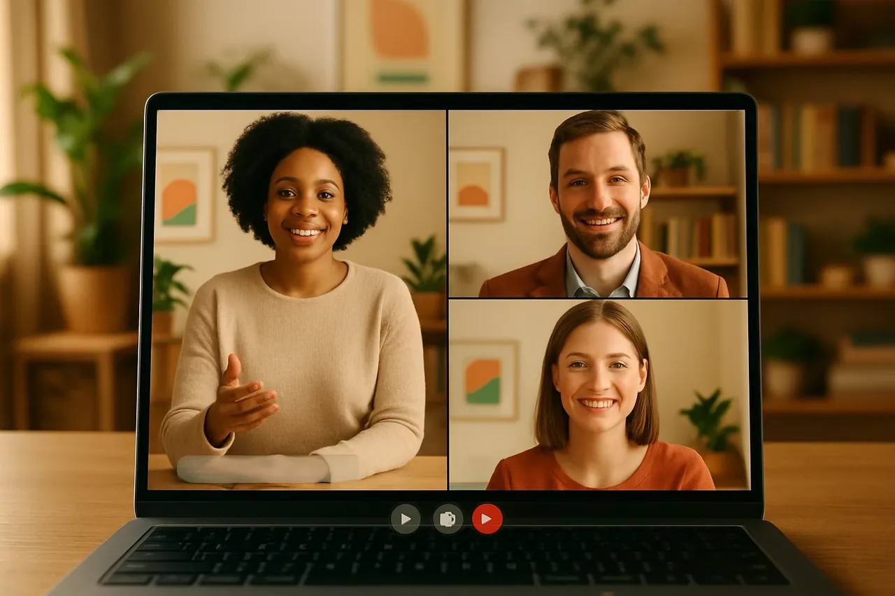 Video call with people in warm home offices and a blank caption bar, illustrating: Gestire clienti internazionali in un'altra lingua: valutare la traduzione vocale nelle riunioni