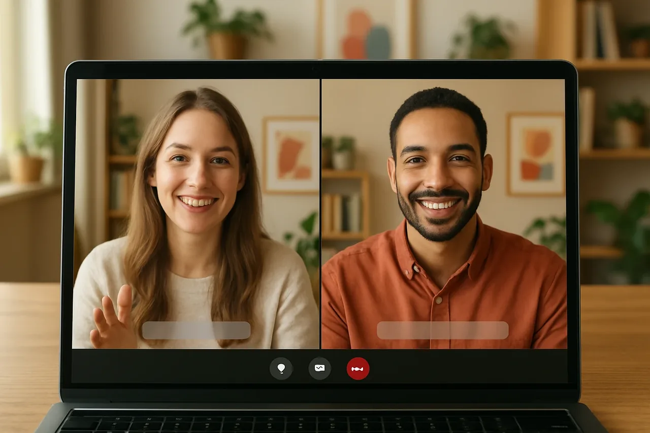 Video call with people in warm home offices and a blank caption bar, illustrating: 고객 지원 통역: 해외 고객과의 납품 후 지원 미팅 준비하기