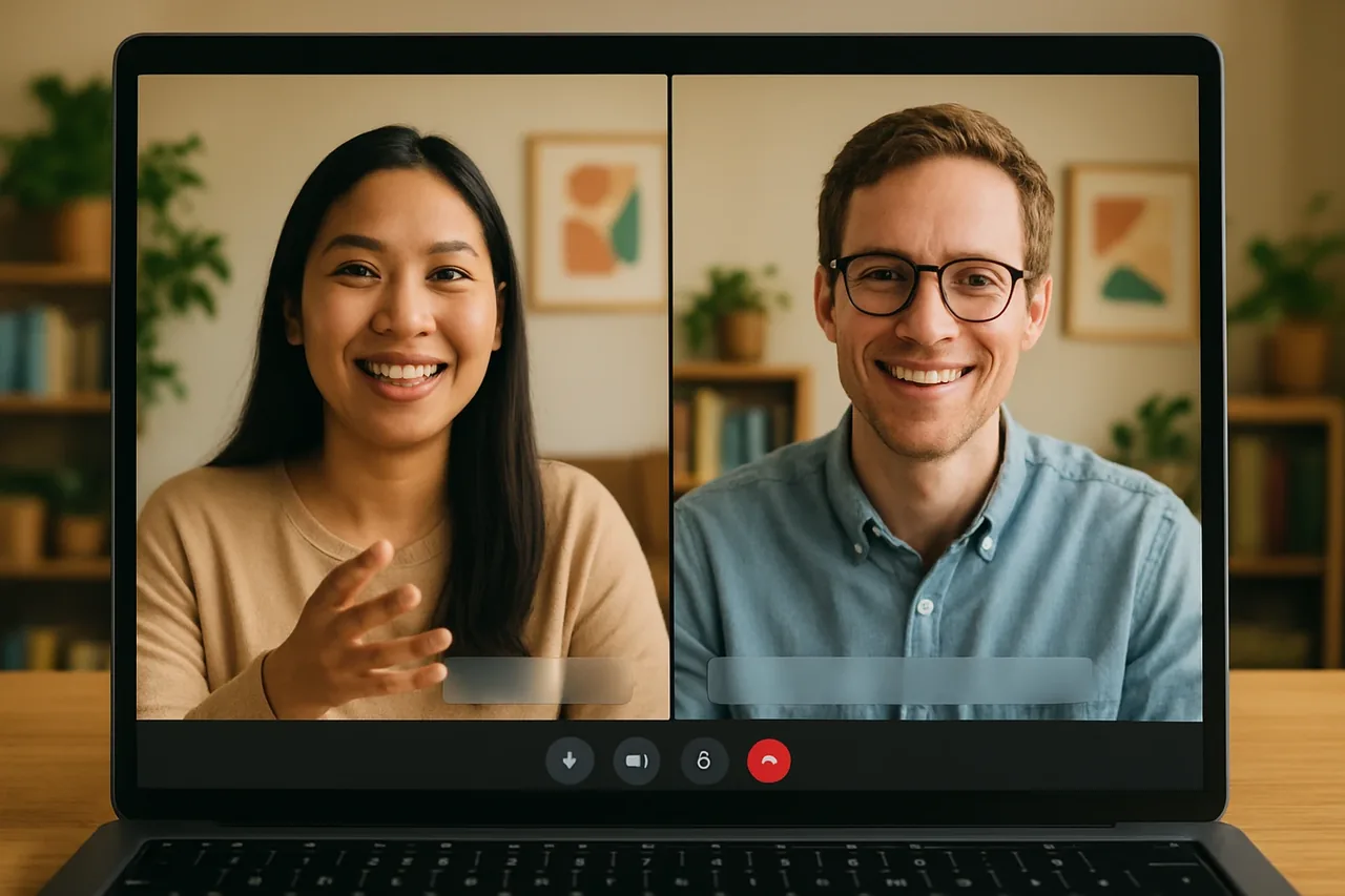 Video call with people in warm home offices and a blank caption bar, illustrating: Голосовой перевод встреч с иностранными клиентами: как выбрать рабочий формат для бизнеса