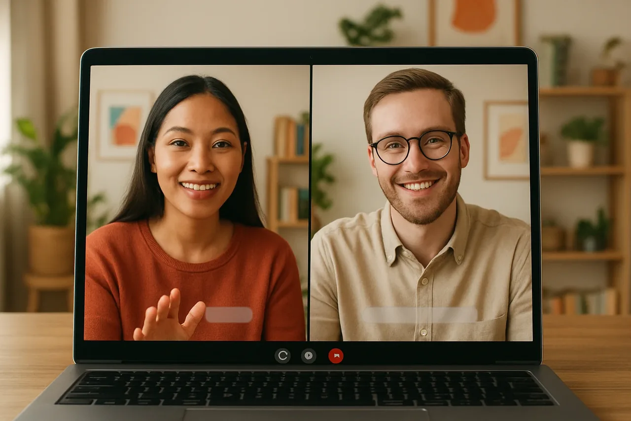 Video call with people in warm home offices and a blank caption bar, illustrating: 国际销售会议实时语音翻译