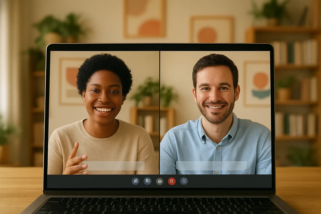 Video call with people in warm home offices and a blank caption bar, illustrating: 해외 고객 영업 회의 실시간 번역