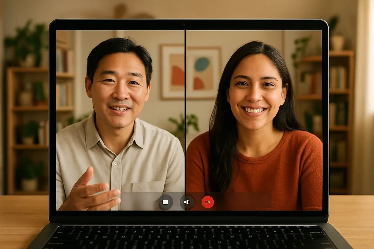 Video call with people in warm home offices and a blank caption bar, illustrating: 海外客户会议实时语音翻译:服务提供者如何在与海外客户的会议中使用实时语音翻译