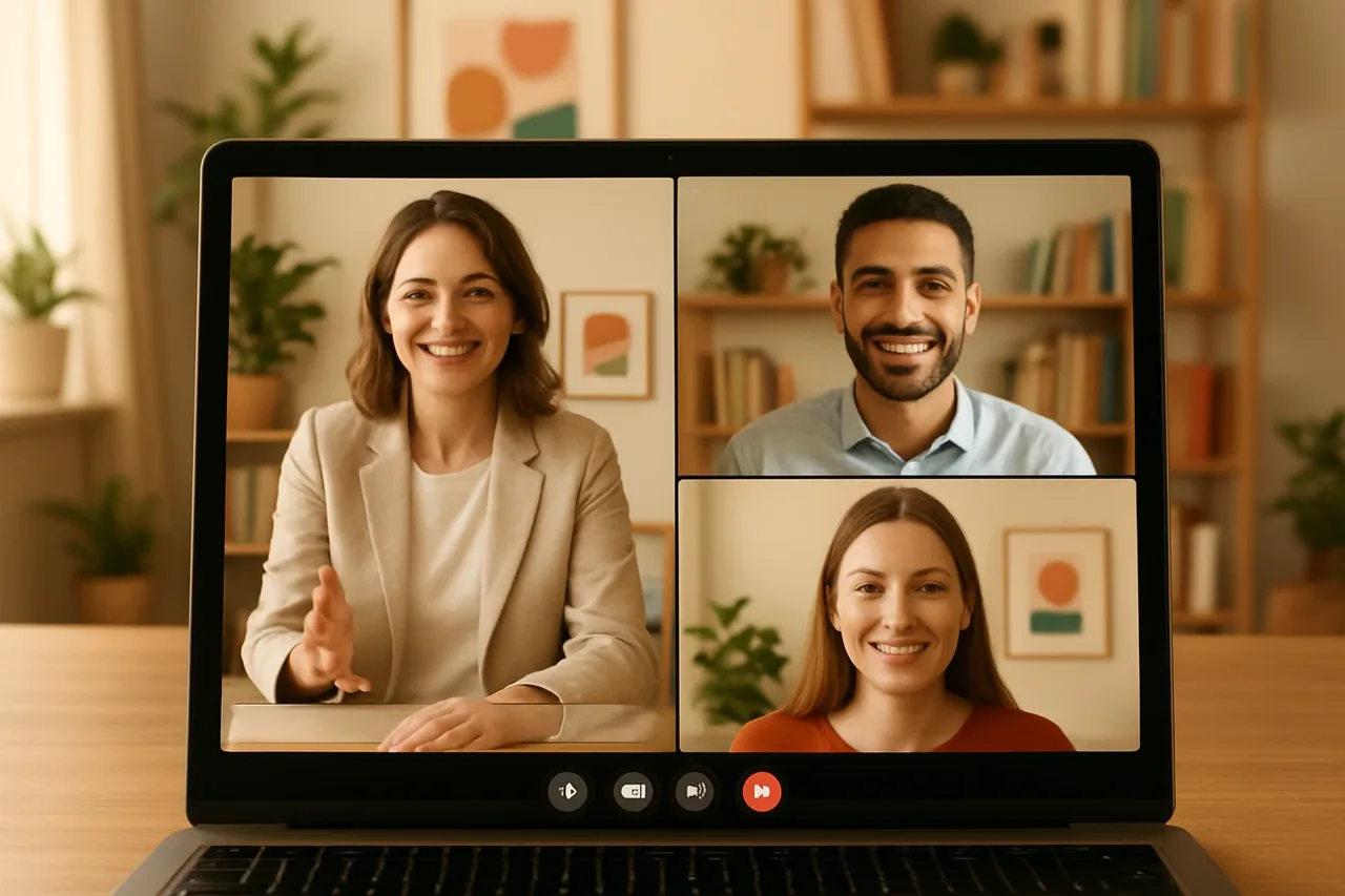 Video call with people in warm home offices and a blank caption bar, illustrating: Intérprete para reuniones online: criterios para reuniones con clientes internacionales