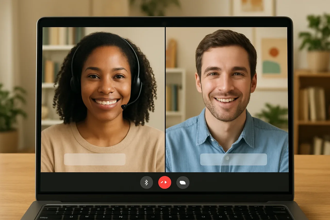 Video call with people in warm home offices and a blank caption bar, illustrating: Interprete per riunioni online: criteri per scegliere un supporto di traduzione vocale in tempo reale