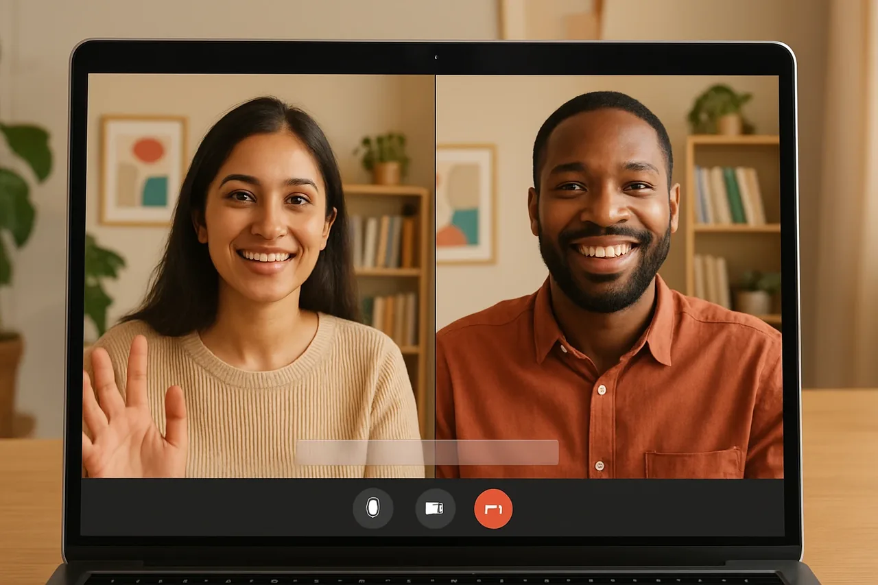 Video call with people in warm home offices and a blank caption bar, illustrating: Interprète pour réunions en ligne : comment choisir pour une réunion de projet