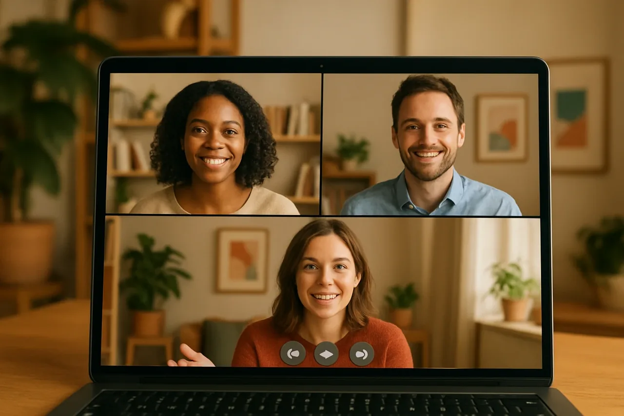 Video call with people in warm home offices and a blank caption bar, illustrating: Intérprete virtual para reuniones comerciales: cómo evaluar su uso con clientes internacionales