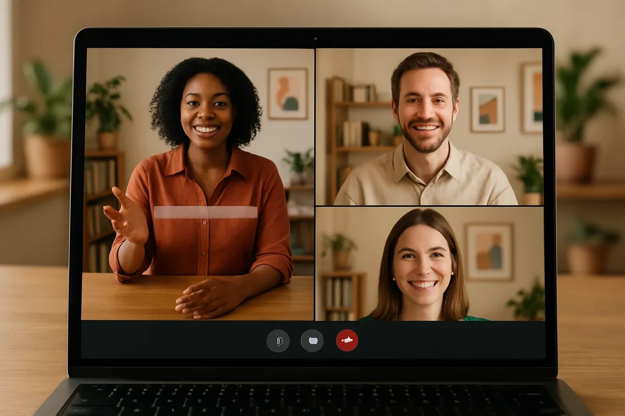 Video call with people in warm home offices and a blank caption bar, illustrating: Interprete virtuale per riunioni commerciali: come valutare l’uso con clienti internazionali
