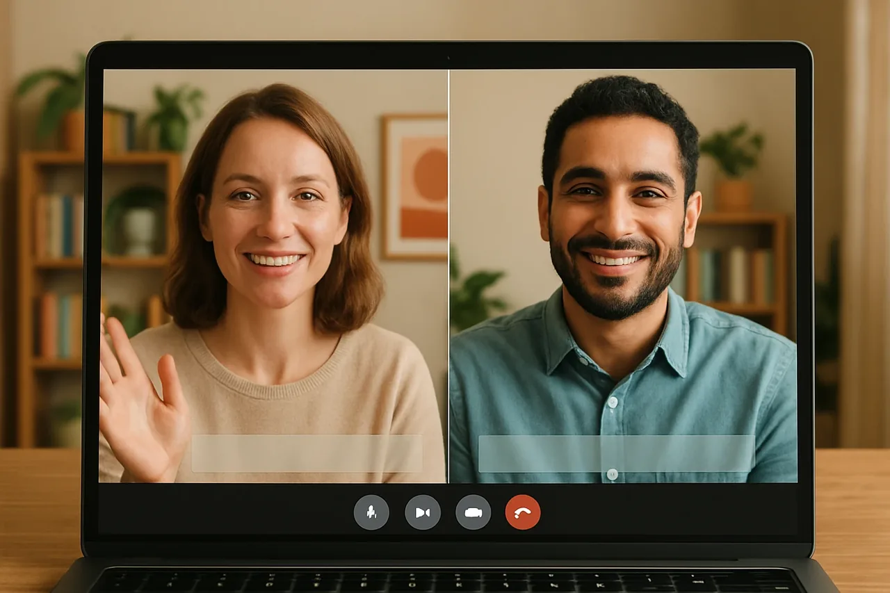 Video call with people in warm home offices and a blank caption bar, illustrating: 海外営業 オンライン会議 通訳:選び方と進め方