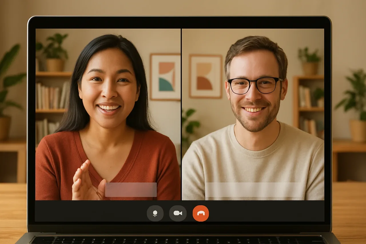 Video call with people in warm home offices and a blank caption bar, illustrating: 会話 リアルタイム 翻訳:海外クライアントとの打ち合わせで使うには