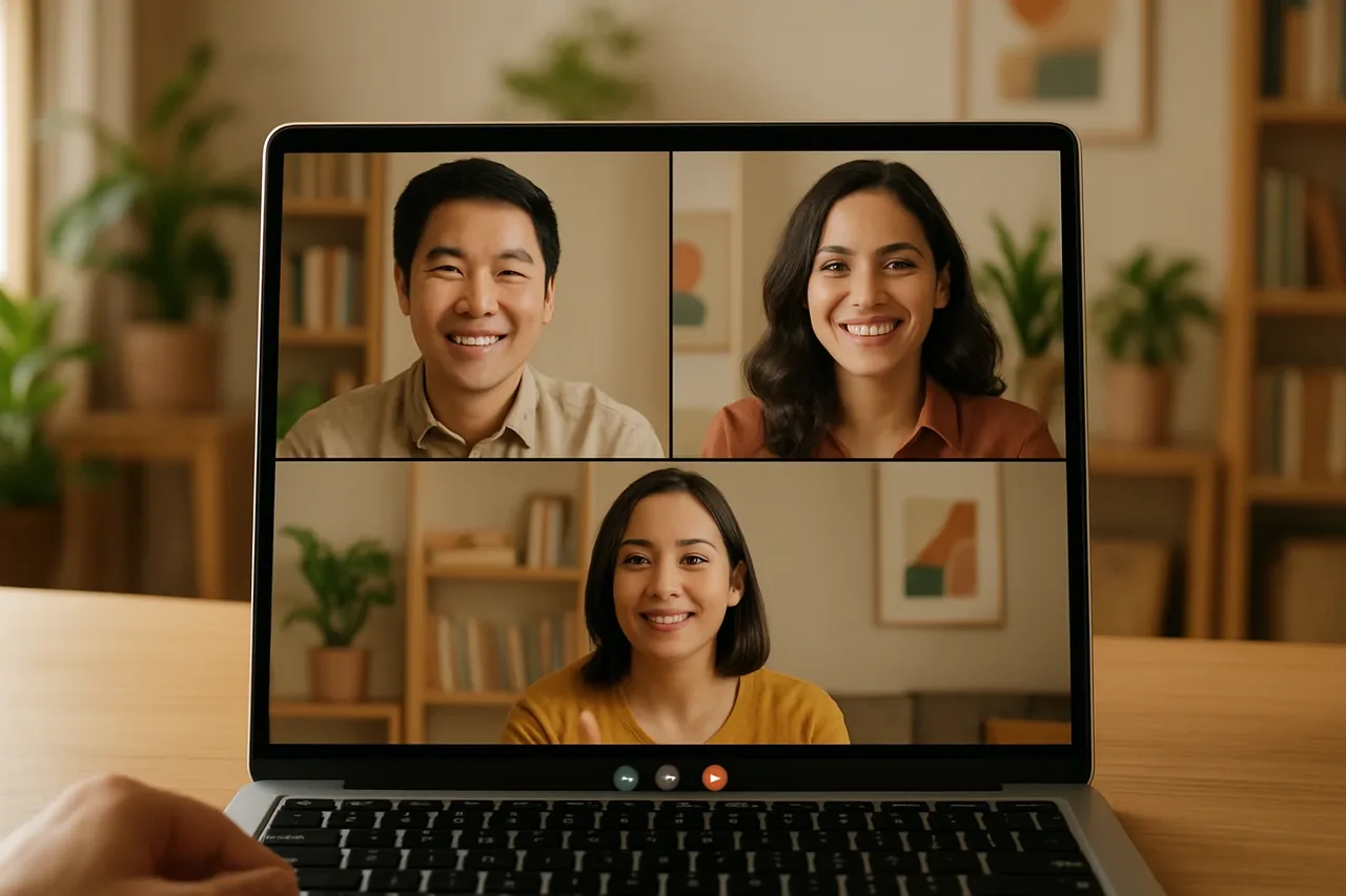 A video meeting where an AI translation participant carries the conversation between two languages