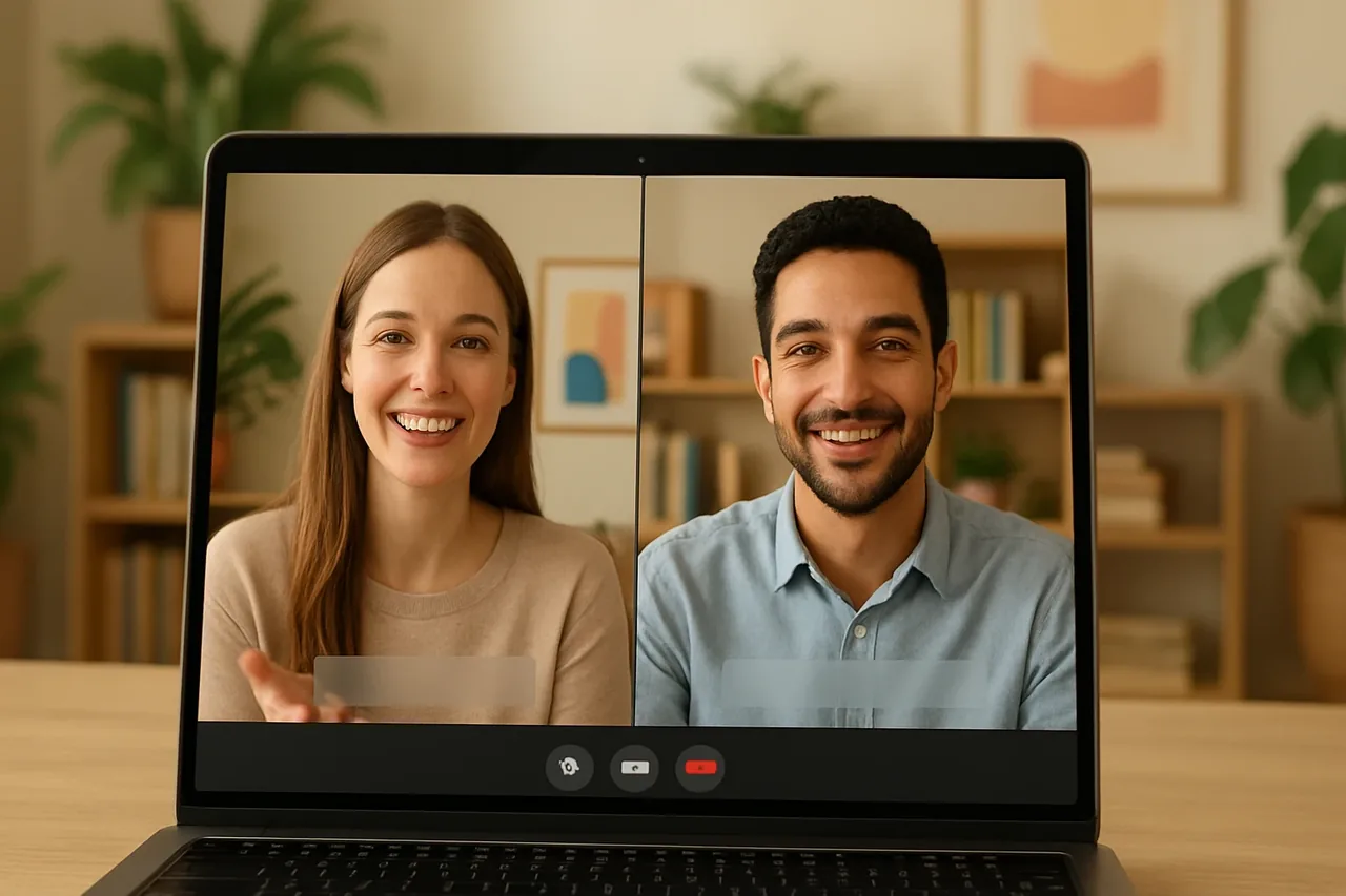 Video call with people in warm home offices and a blank caption bar, illustrating: Обслуживание зарубежных клиентов на другом языке: как оценить перевод речи для рабочих встреч