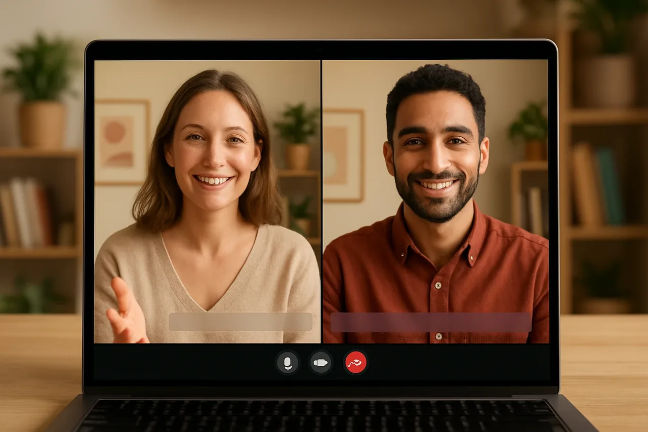 Video call with people in warm home offices and a blank caption bar, illustrating: 音声リアルタイム翻訳をビジネス通話で使う方法と選び方