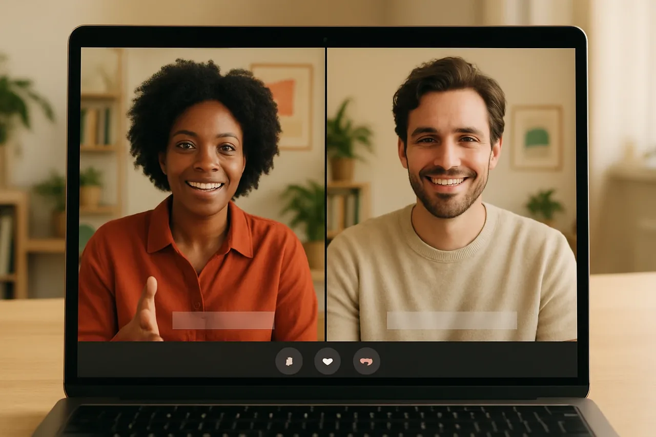 Video call with people in warm home offices and a blank caption bar, illustrating: Penerjemah panggilan penjualan: cara memilih solusi terjemahan suara real-time
