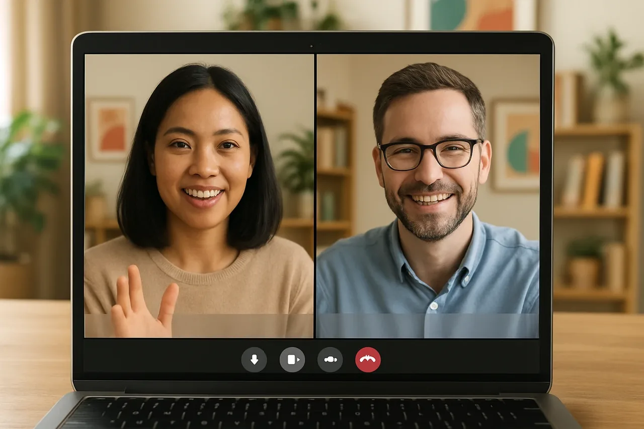 Video call with people in warm home offices and a blank caption bar, illustrating: Перевод речи в реальном времени для деловых разговоров: как выбрать формат встречи