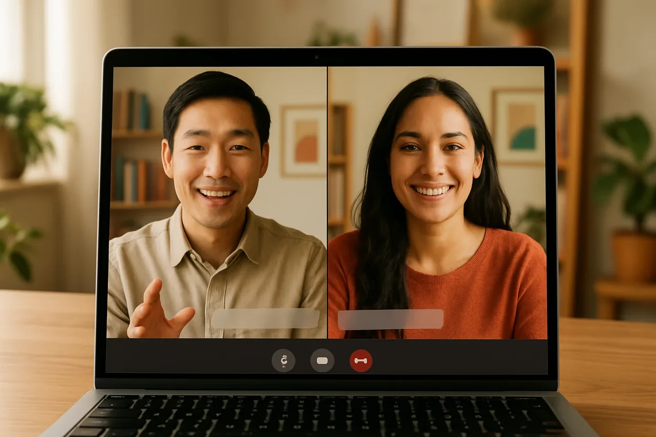 Video call with people in warm home offices and a blank caption bar, illustrating: Переводчик для международных деловых переговоров: как выбрать формат для обсуждения проекта