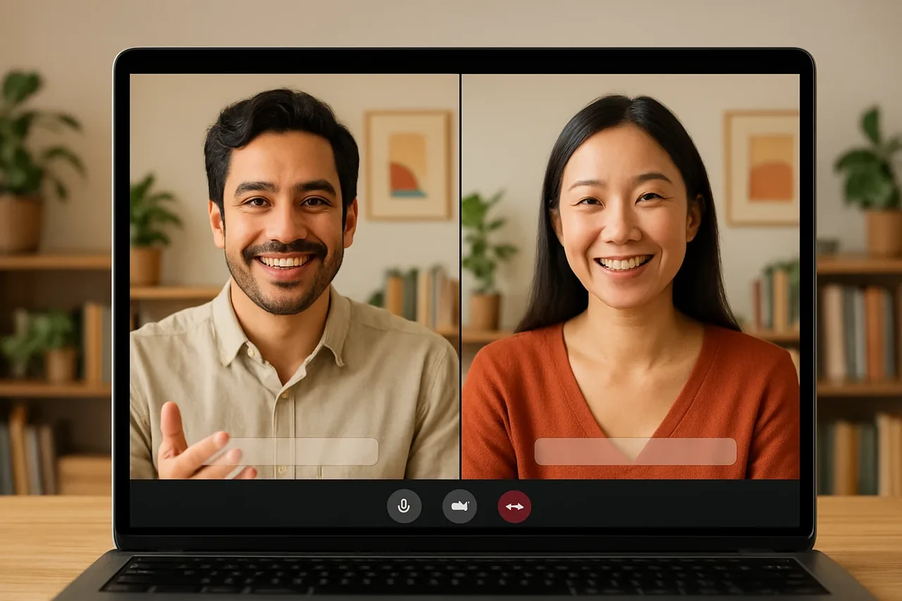 Video call with people in warm home offices and a blank caption bar, illustrating: Phiên dịch trực tuyến cho cuộc họp kinh doanh: cách đánh giá cho buổi trao đổi với khách hàng quốc tế