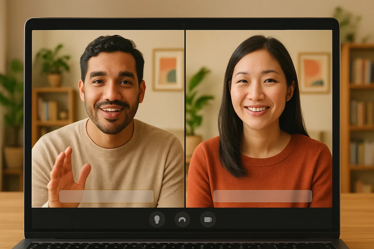 Video call with people in warm home offices and a blank caption bar, illustrating: रीयल टाइम आवाज़ अनुवाद: व्यावसायिक बातचीत के लिए ब्राउज़र रूम कैसे चुनें