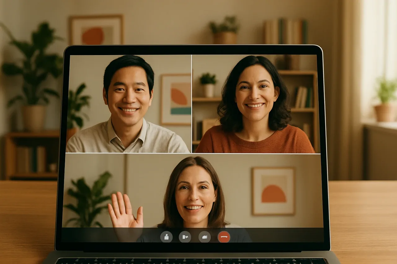 Video call with people in warm home offices and a blank caption bar, illustrating: Servir un client international dans une autre langue : préparer une réunion de suivi