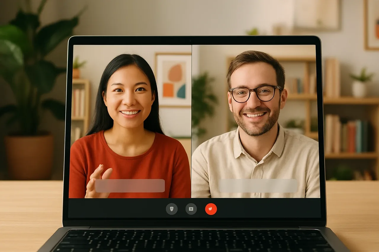 Video call with people in warm home offices and a blank caption bar, illustrating: 商务会议在线口译工具:如何评估跨语言客户会议的适用性