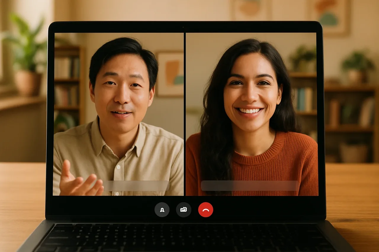 Video call with people in warm home offices and a blank caption bar, illustrating: 实时语音翻译:跨语言商务通话的选择与使用指南