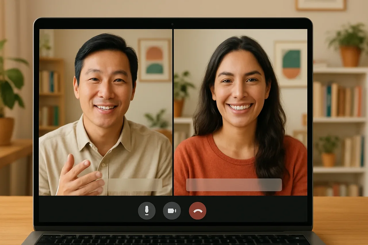 Video call with people in warm home offices and a blank caption bar, illustrating: Traducteur de visioconférence : préparer les réunions de suivi d’un projet international