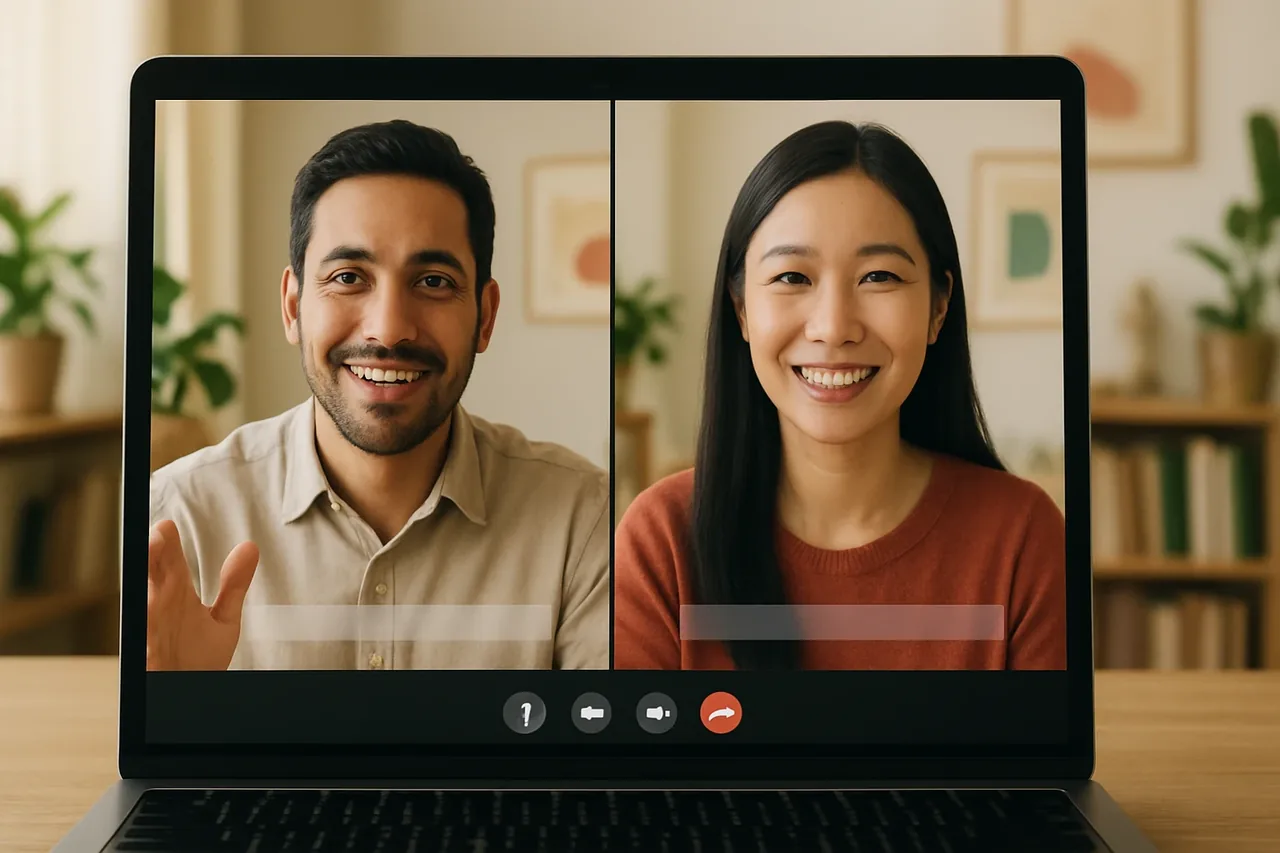 Video call with people in warm home offices and a blank caption bar, illustrating: Traduction d’appels professionnels : critères pour choisir une solution vocale en temps réel