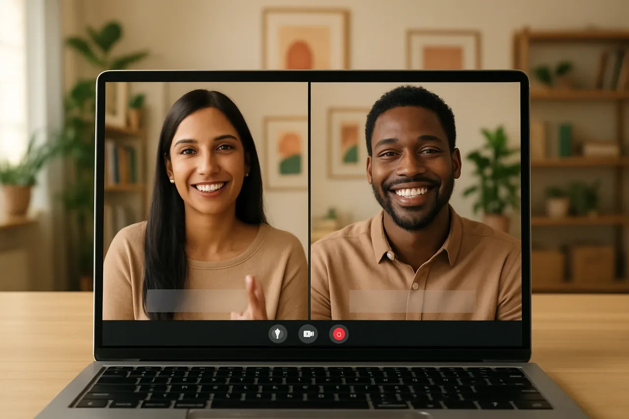 Video call with people in warm home offices and a blank caption bar, illustrating: Traductor de conversaciones en tiempo real: qué evaluar para reuniones de negocios