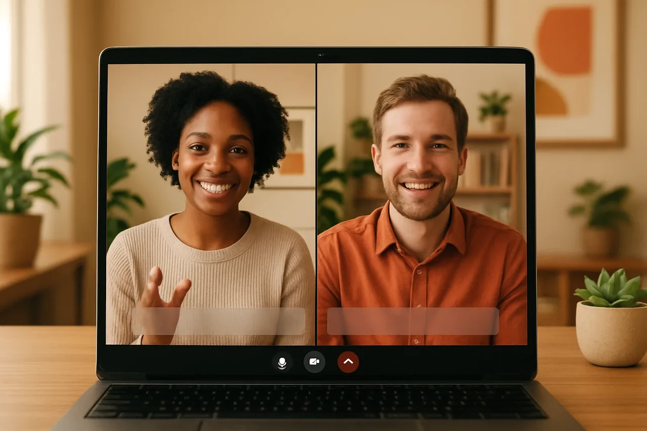 Video call with people in warm home offices and a blank caption bar, illustrating: Traductor en vivo de voz para conversaciones de negocios