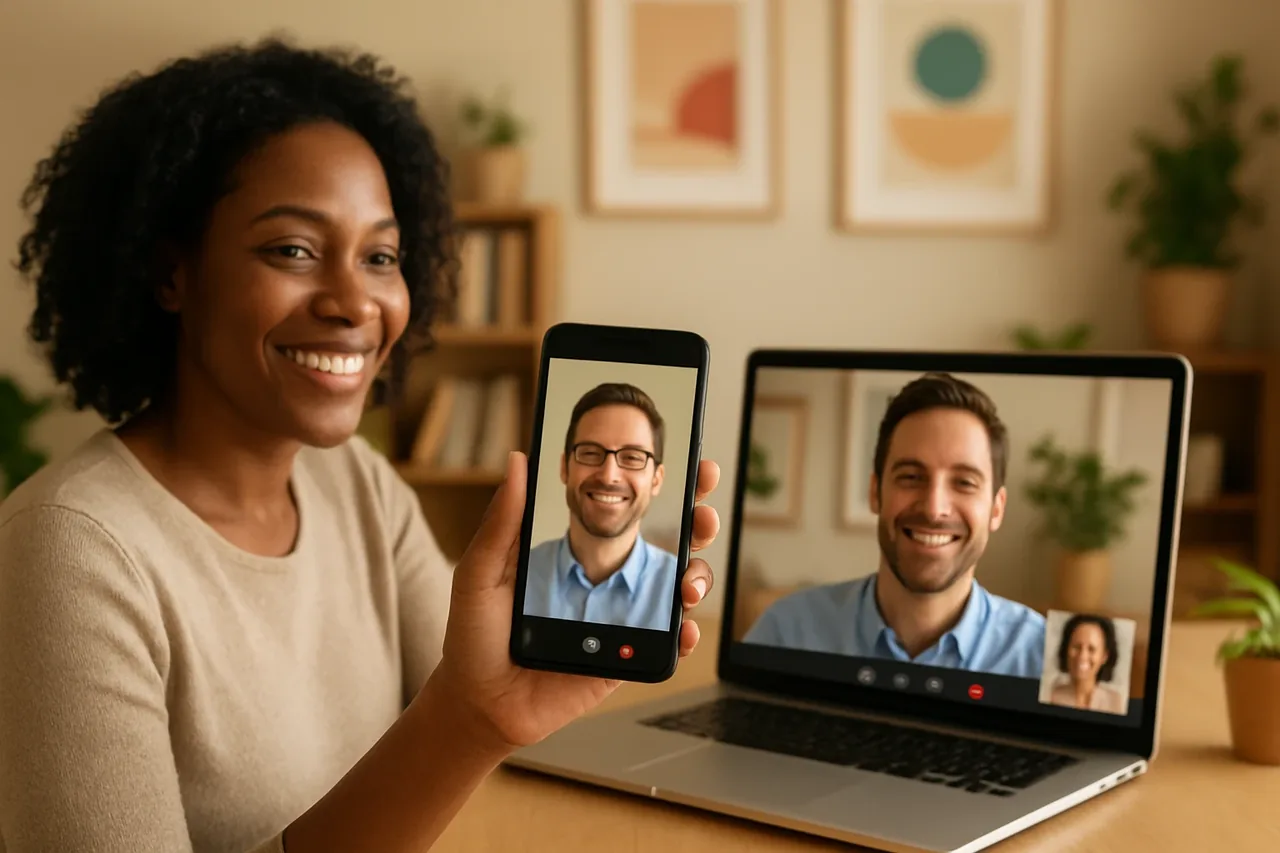 Chamada de vídeo com pessoas em home offices aconchegantes e uma barra de legenda, ilustrando: Tradutor de chamadas: como escolher uma sala de tradução ao vivo para reuniões de negócios