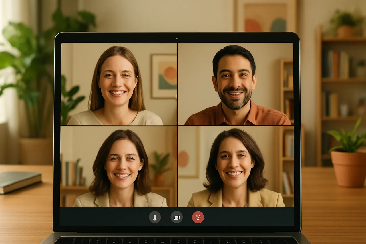 Chamada de vídeo com pessoas em home offices aconchegantes e uma barra de legenda, ilustrando: Tradutor simultâneo de voz: como avaliar o uso em reuniões com clientes internacionais