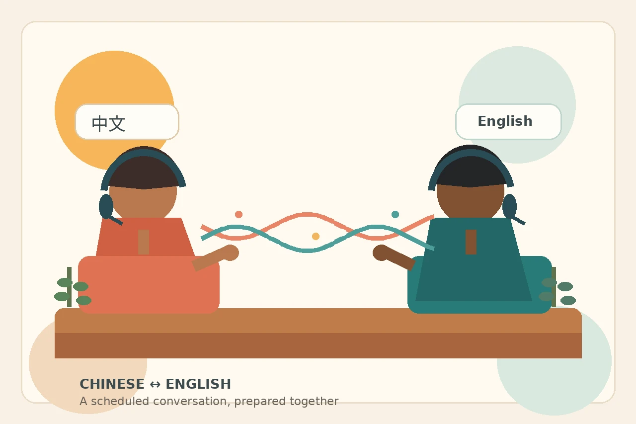 Two people joining a scheduled Chinese–English conversation from separate workspaces