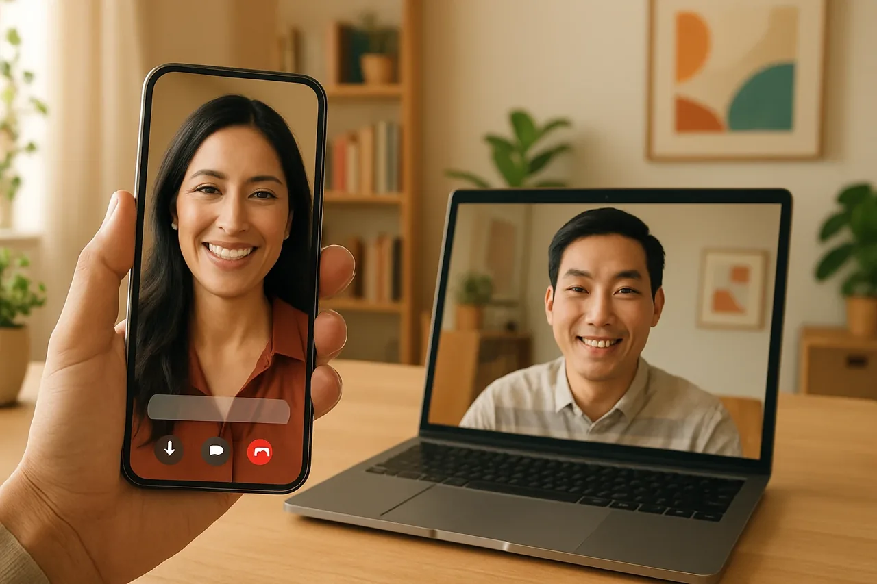 Video call with people in warm home offices and a blank caption bar, illustrating: Translate Phone Calls in Real Time: Options for Business Conversations