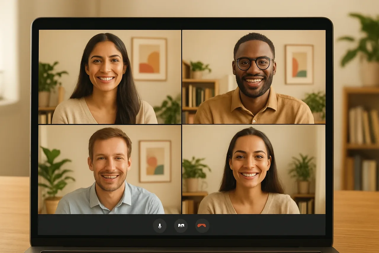 Video call with people in warm home offices and a blank caption bar, illustrating: How to translate a video call in real time with clients who speak another language: setup options, how it works and what to check before a client meeting
