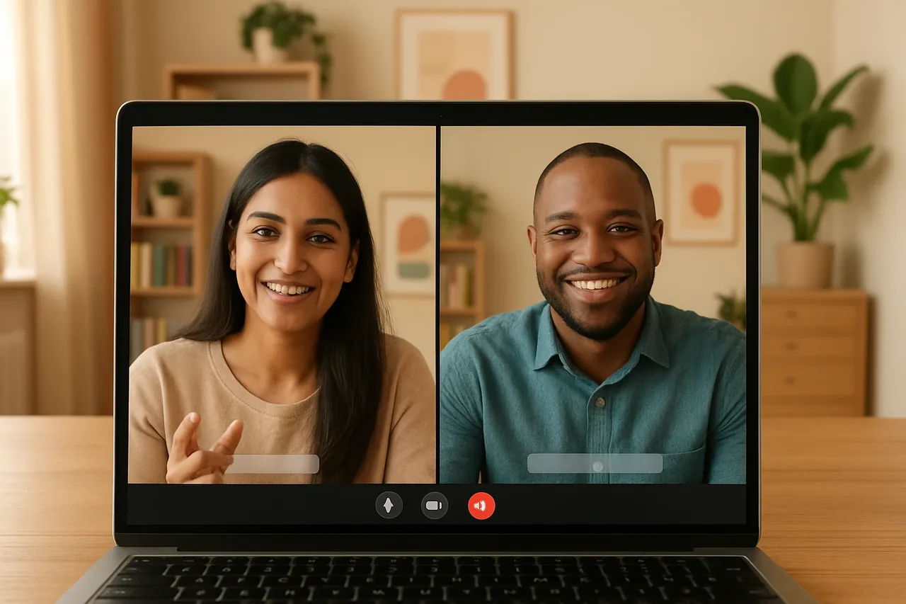 Video call with people in warm home offices and a blank caption bar, illustrating: Übersetzer für Verkaufsgespräche: Sprachübersetzung im Erstgespräch mit internationalen Kunden