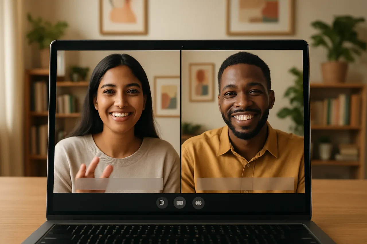 Video call with people in warm home offices and a blank caption bar, illustrating: विदेशी ग्राहकों के साथ बैठक में लाइव अनुवाद: काम का दायरा तय करने से पहले क्या देखें