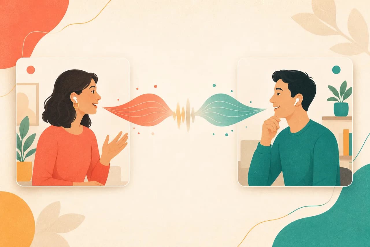 Duas pessoas em uma call se entendendo em idiomas diferentes com tradução ao vivo